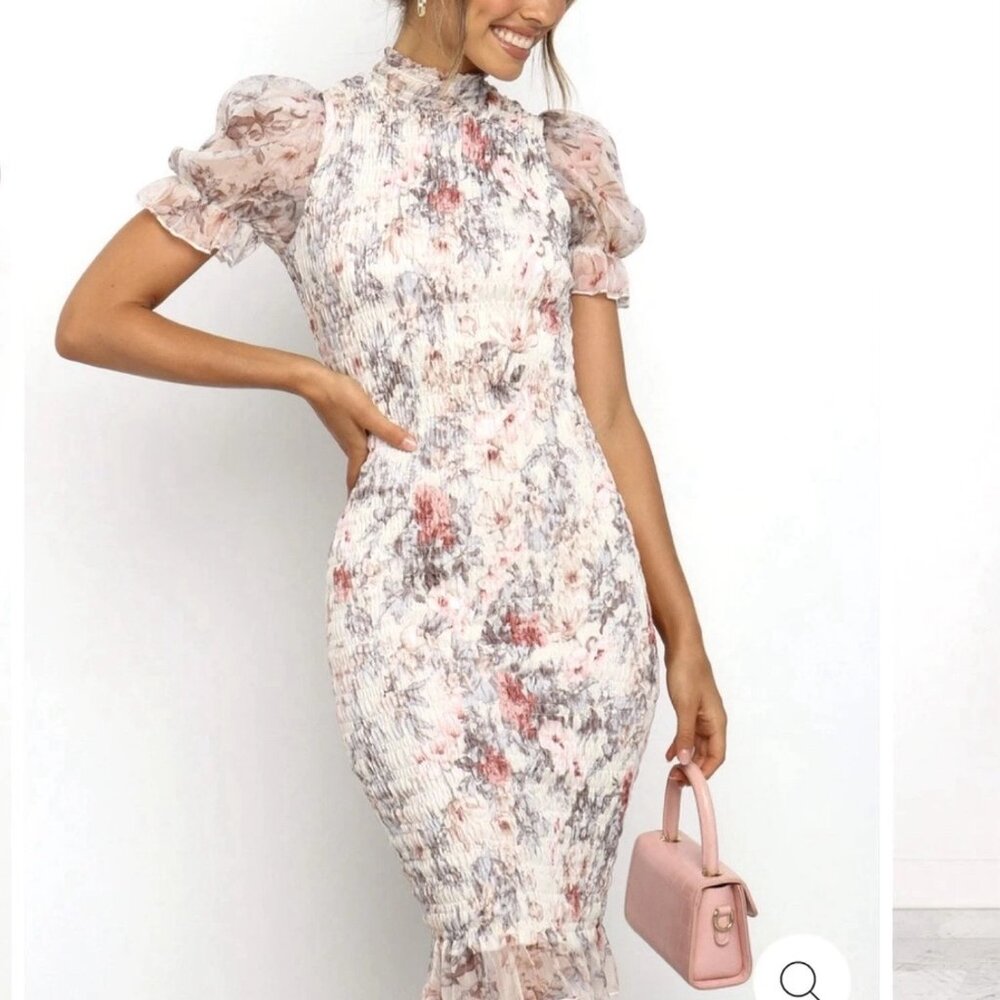 JAUS Floral Juliette Midi Dress Sz M-L Mock Neck Stretch Shirring Soft Coquette